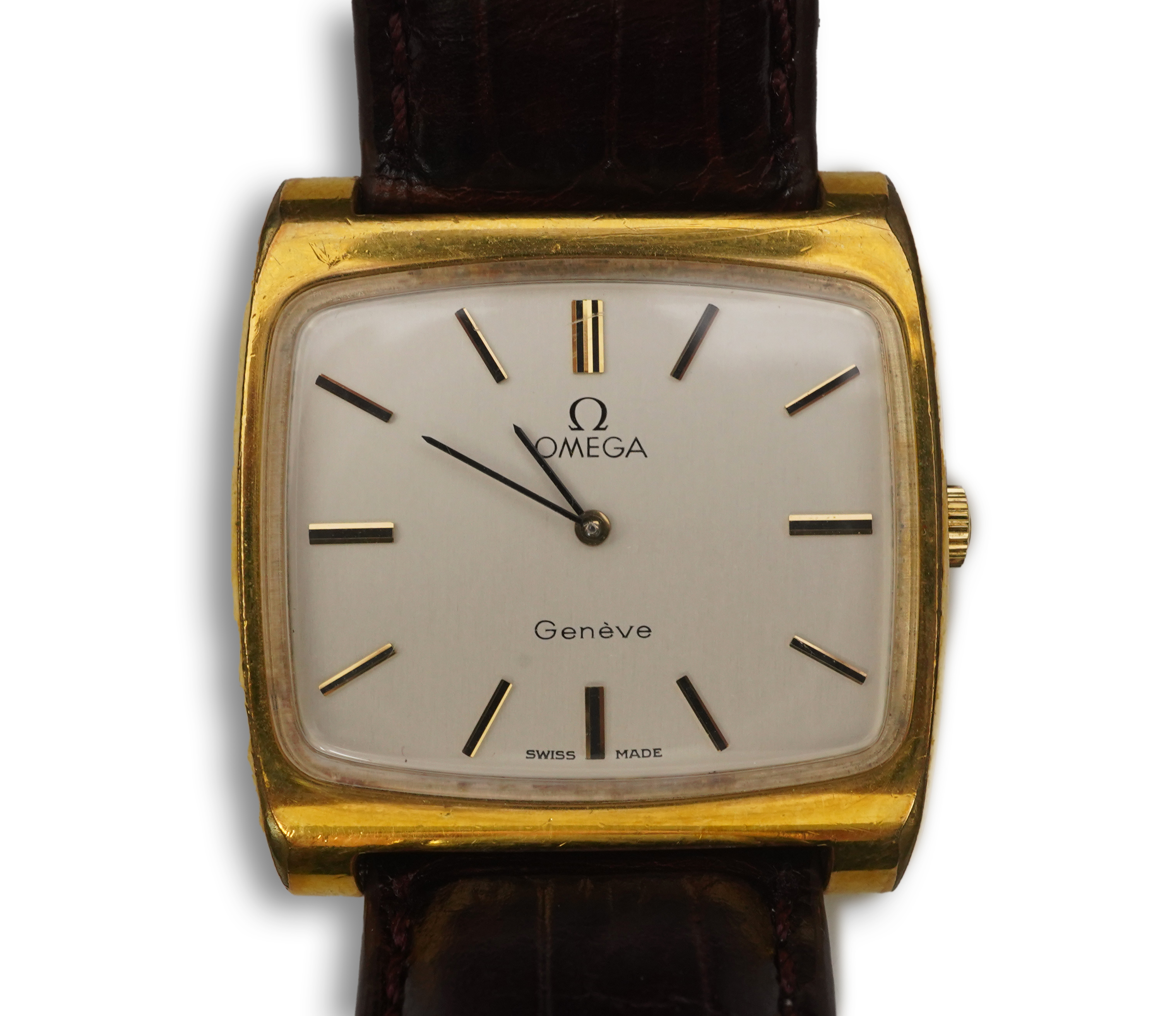 A gentleman's 1970's? steel and gold plated Omega manual wind dress wrist watch, on a later associated leather strap